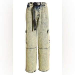 BP BE PROUD Gender Inclusive Belted Denim Cargo Pants in Acid Wash Size XL